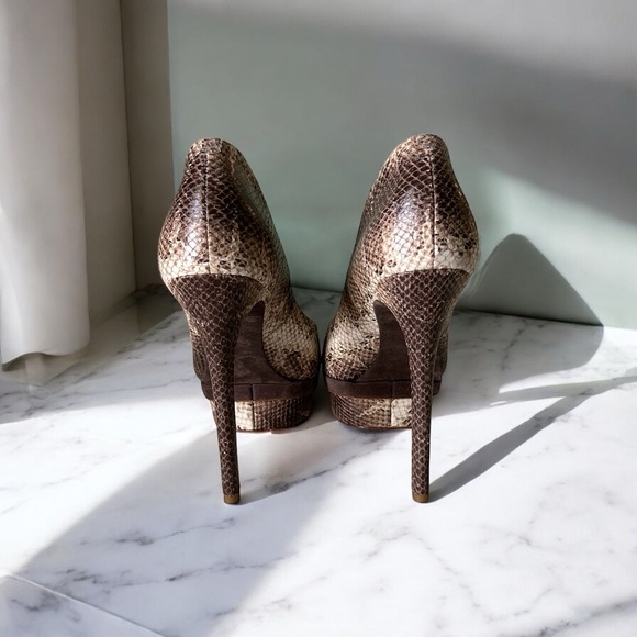 Brian Atwood Brown and Crème Snakeskin Peep-Toe Platform High Heels sz 11 - Picture 7 of 10
